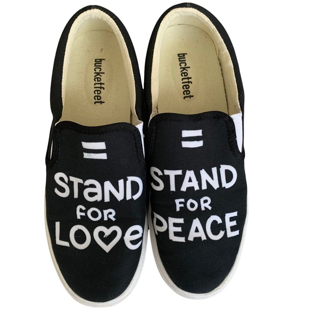 Bucket Feet | Stand For Love/Peace Black Canvas Slip Ons Size 7